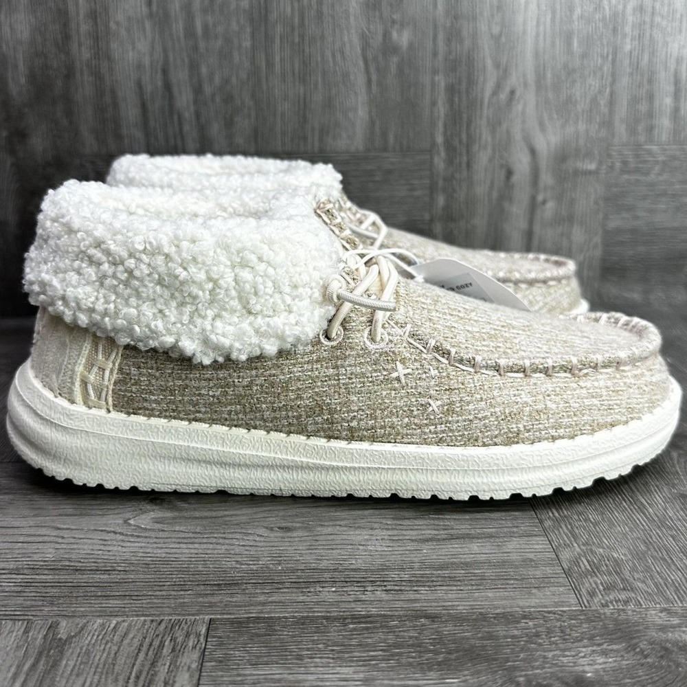 Hey Dude Wendy Fold Y Brushed Cozy Kids J2 Ivory Sherpa Moccasin NEW
